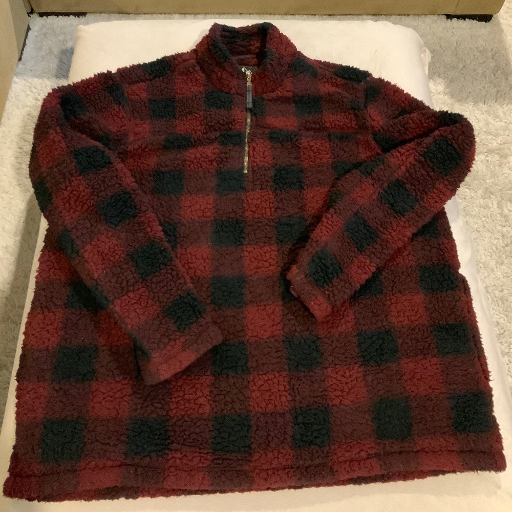 Alpine Sherpa Maroon Black XL 1/4 Zip Fleece Buffalo Plaid Cabincore Coastal